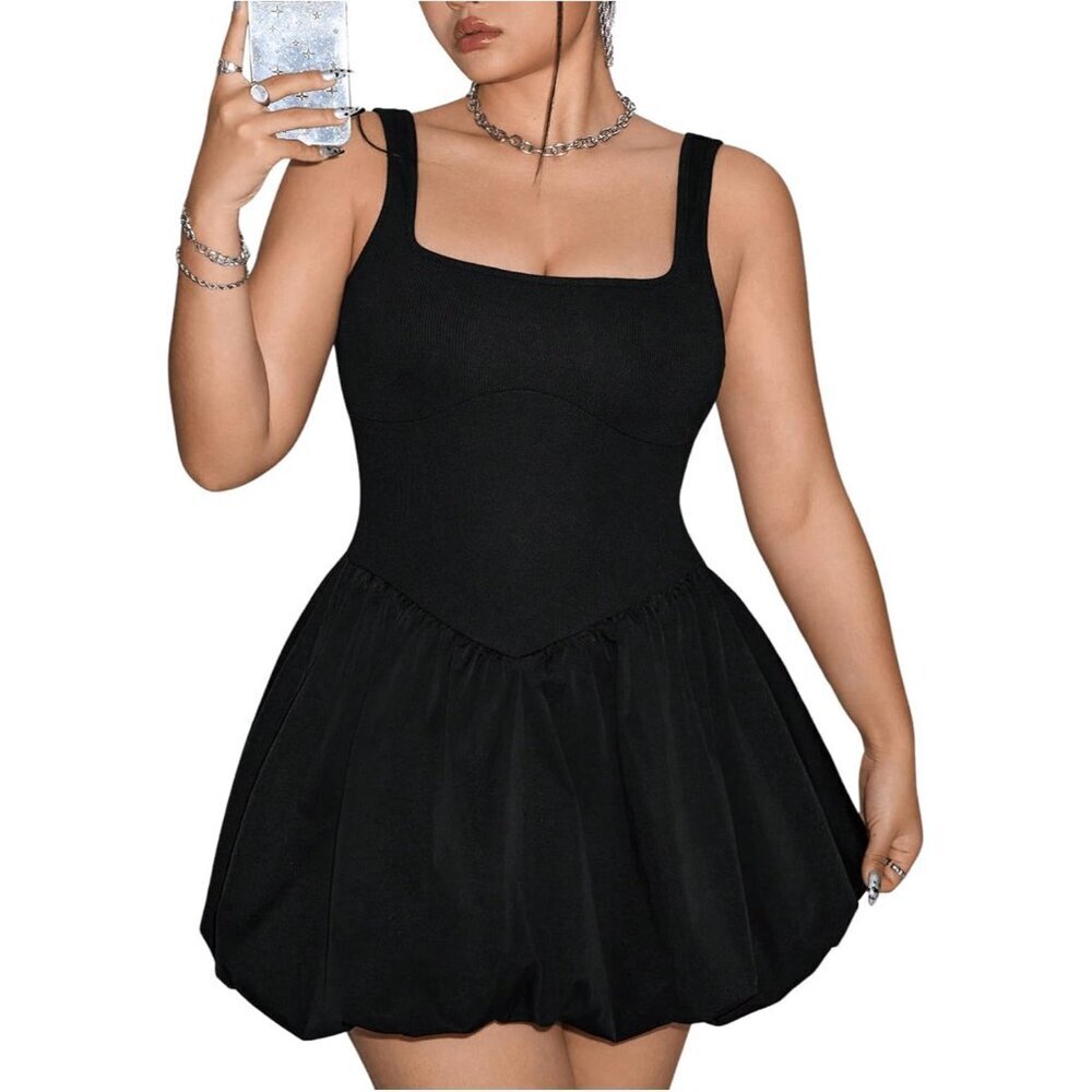 Plus Size Women's Square Neck Ruffle Bubble Dress Sleeveless Flared